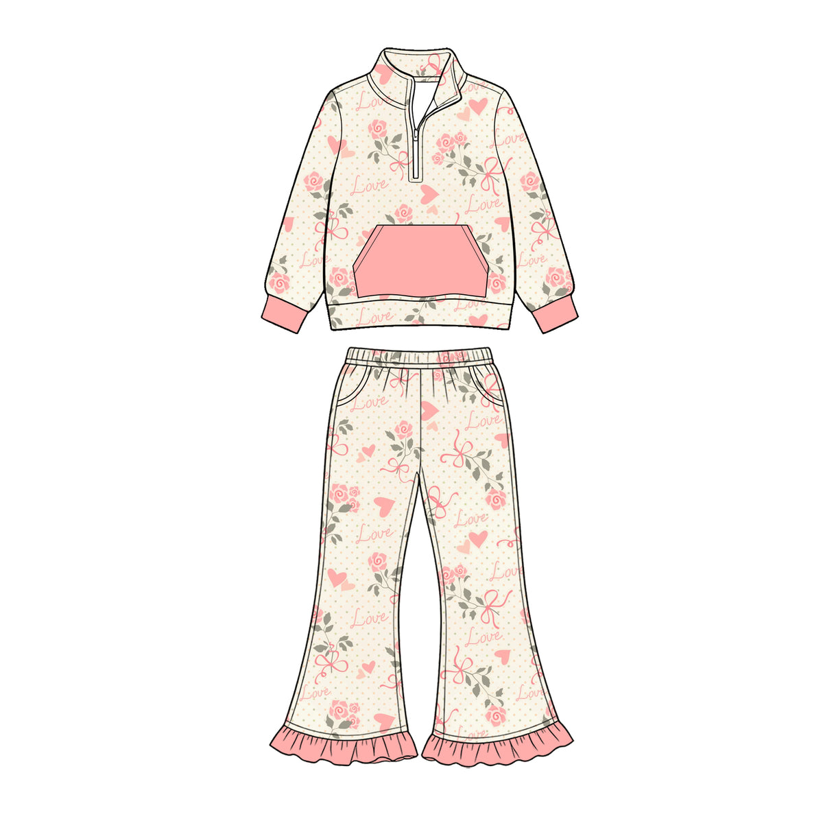 Preorder (moq 5) Baby Girl Clothes Rose Heart Love Script Allover Print Long Sleeve Half Zip Top Ruffle Flare Pant Set