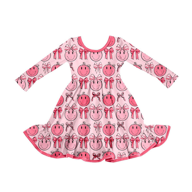 Preorder(moq 8)Baby Girls Long Sleeve Pink Bows Smiles Ruffle Knee Length Dresses