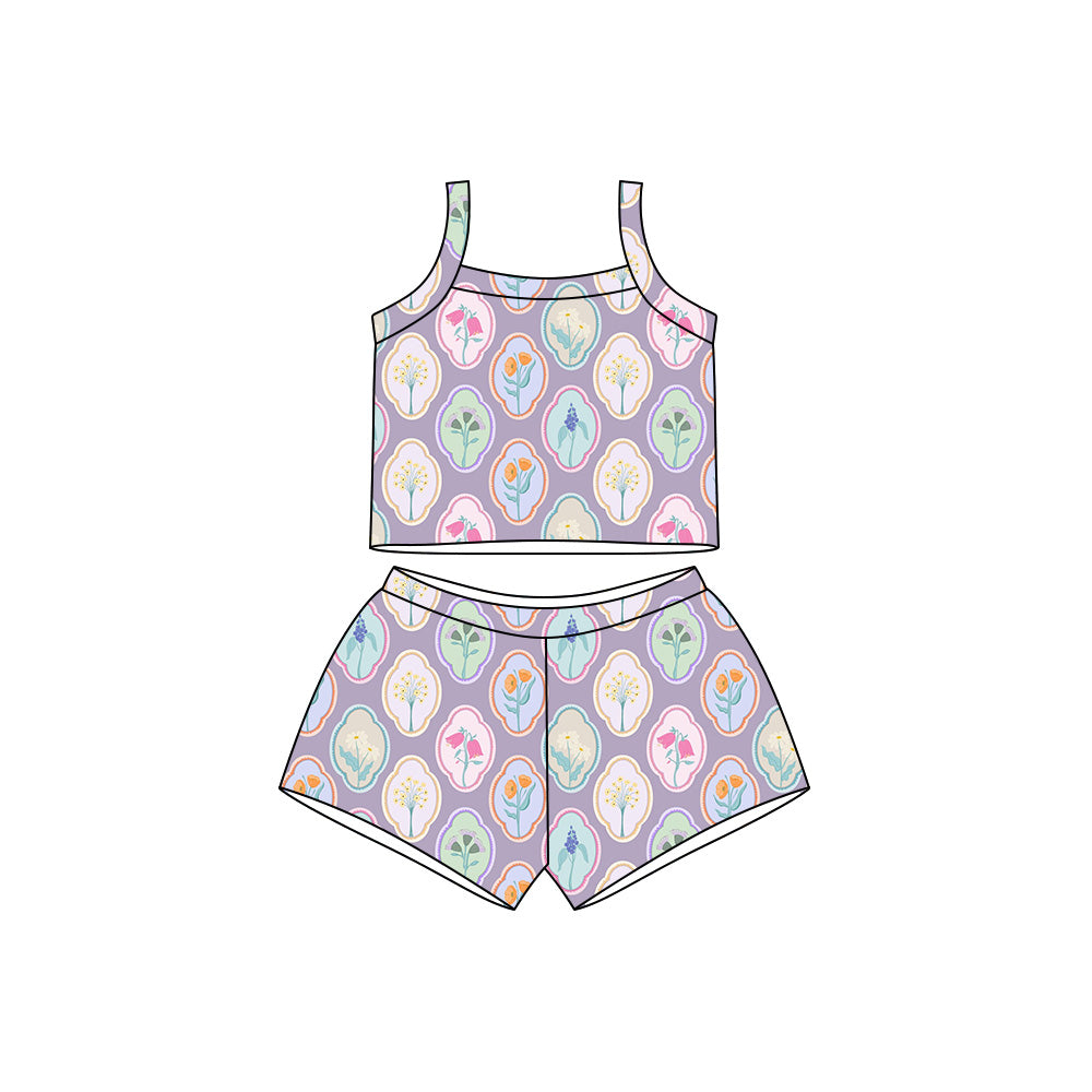 Preorder moq 5 Baby Girls Lavender Strap Colorful Flowers Top Short Clothes Sets