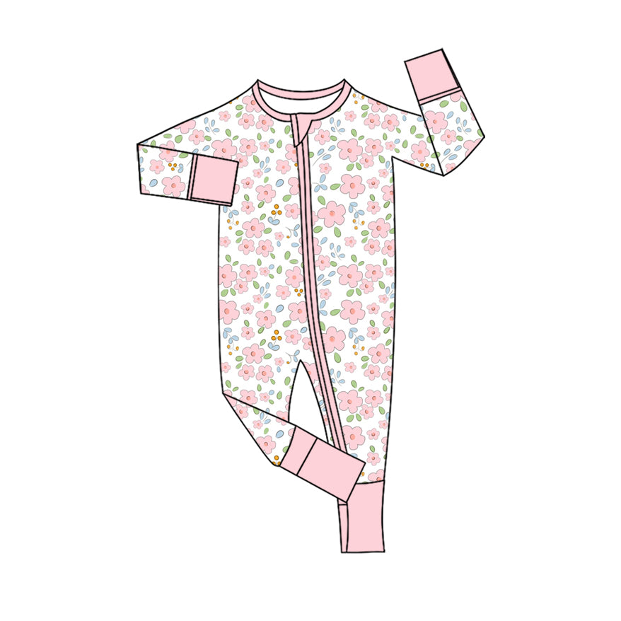 Preorder (moq 20)Baby Girls Bamboo Pink Flowers Plaid Zipper Footie Rompers