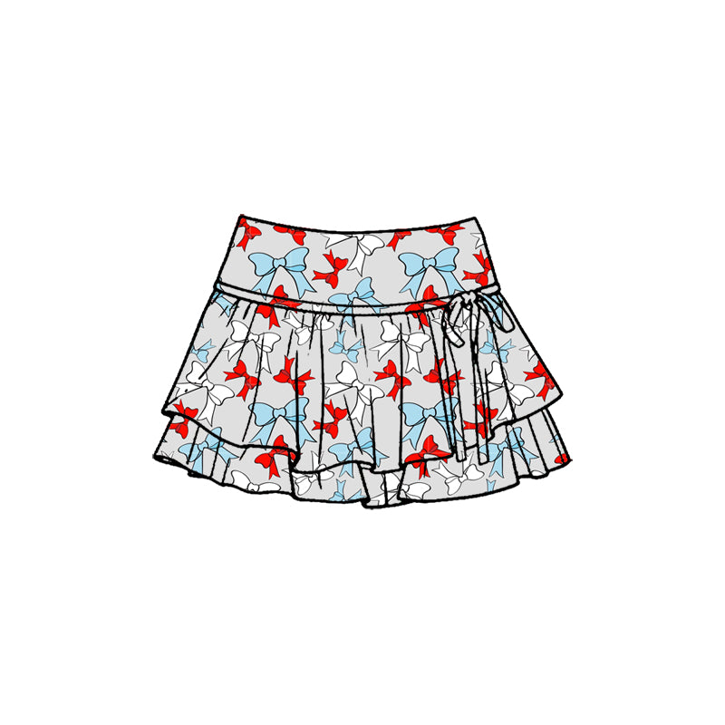 Preorder (moq 5)Baby Girls Red Blue Bows 4th of July Double Ruffle Skirt Shorts Bottom