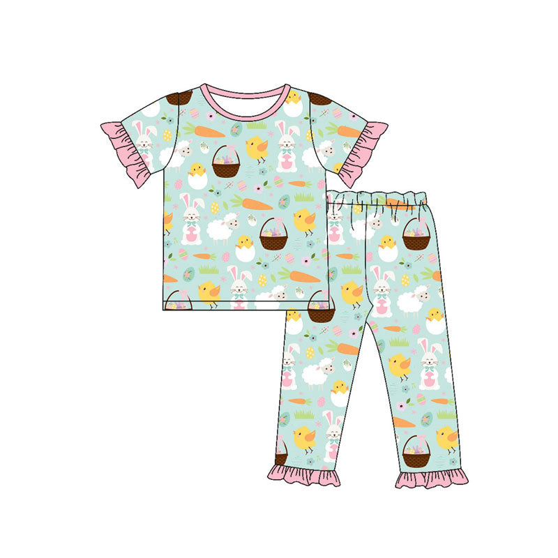 Preorder(moq 8)Baby Girls Rabbits Eggs Carrots Top Ruffle Pant Easter Pajamas Sets
