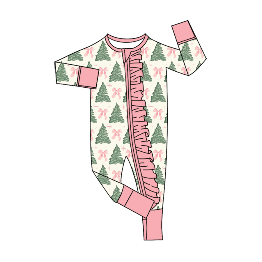 Preorder (moq 5) Baby Girls Bows Trees Christmas Two Way Ruffle Zip Convertible Rompers