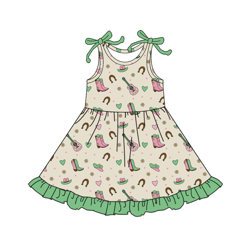 Preorder (moq 5)Baby Girls Bows Sleeveless Heart Boot Guitars Western Ruffle Knee Length Dresses