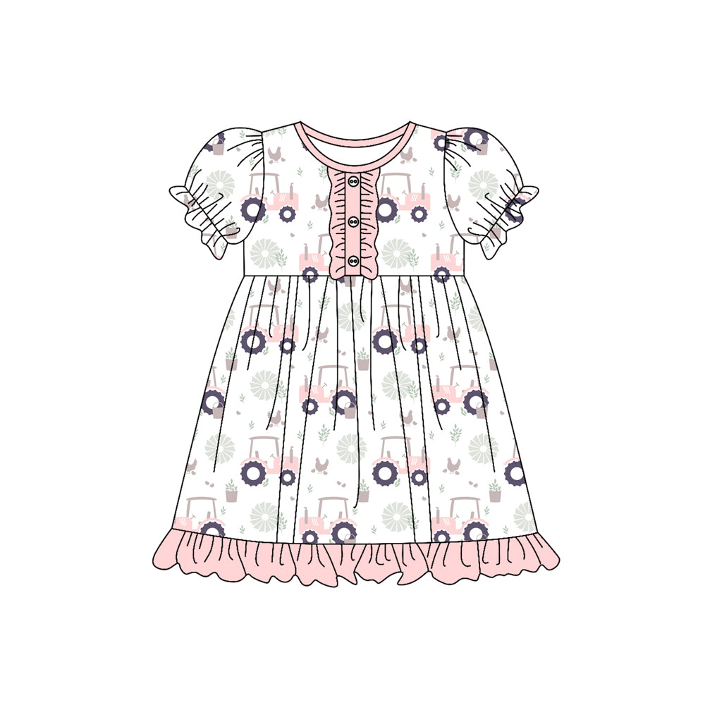 Preorder (moq 5)Baby Girls Short Ruffle Sleeve Chicks Trucks Farm Knee Length Dresses
