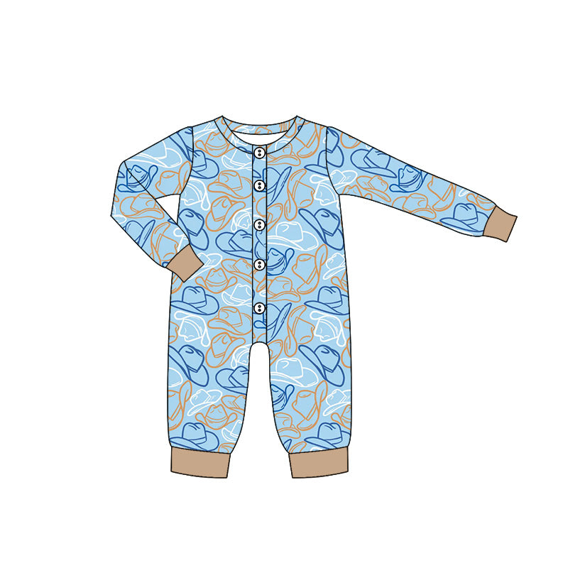 Preorder (moq 5)Baby Boys Western Hats Buttons Long Sleeves Rompers