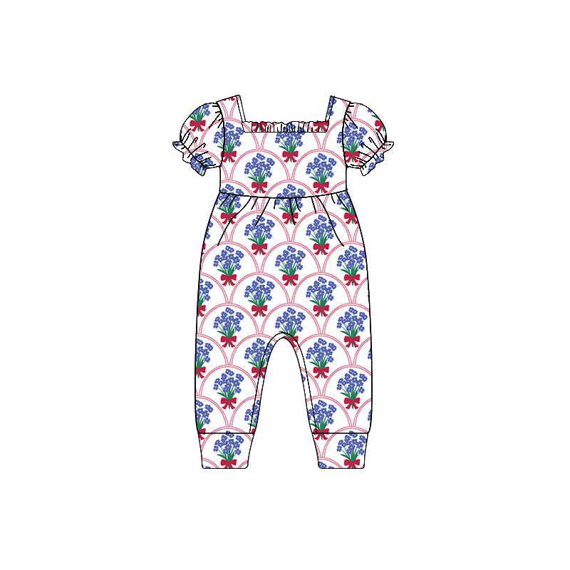 Preorder(moq 5)Baby Infant Girls Blue Flowers Bows Summer Rompers