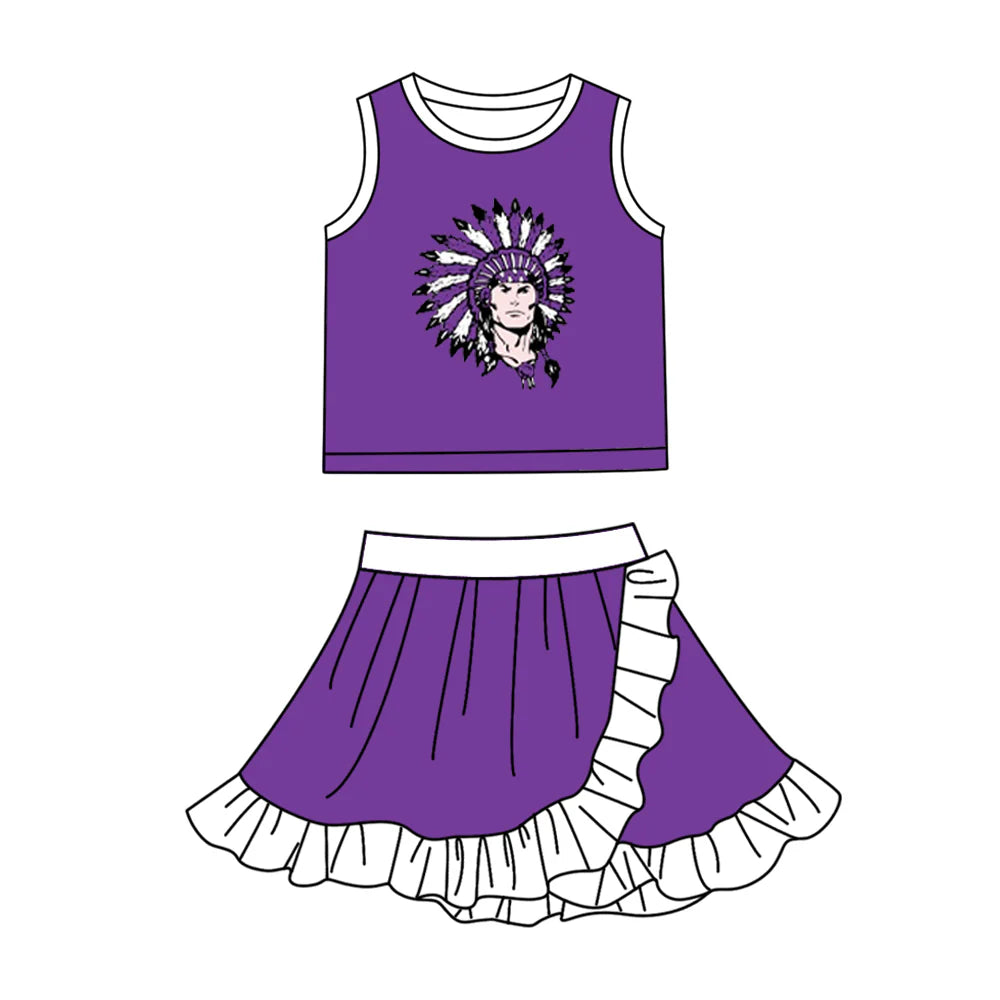 Preorder (moq 5)Baby Girls Purple Vikings Vest Top Ruffle Skirt Short Team Clothes Sets