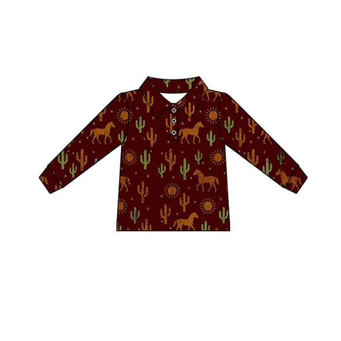 Preorder (moq 5)Baby Boys Long Sleeves Brown Cactus Horses Button Pullovers Top