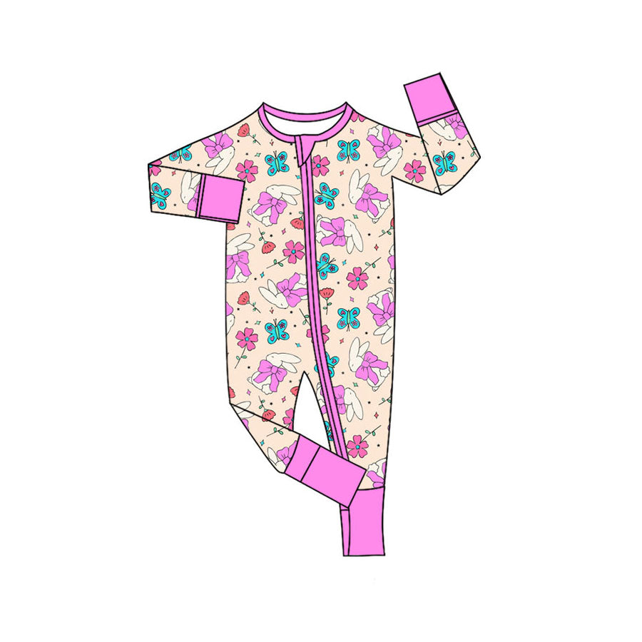 Preorder (moq 5)Baby Girls Butterfly Rabbits Easter Two Way Zip Convertible Rompers