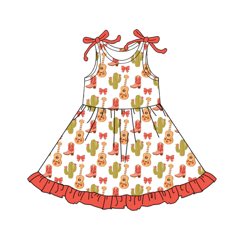 Preorder (moq 5)Baby Girls Bows Sleeveless Cactus Boot Guitars Western Ruffle Knee Length Dresses