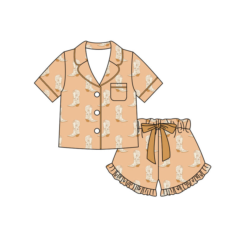 Preorder (moq 5)Baby Girls Flower Boots Pocket Button Top Ruffle Short Western Pajamas Sets