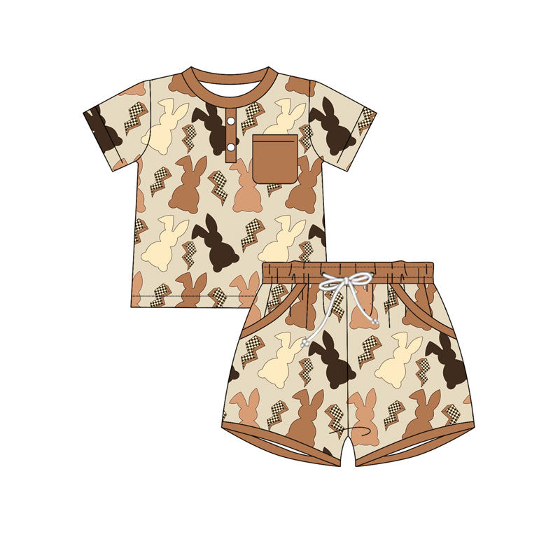 Preorder(moq 5) Baby Boys Rabbits Lightnings Button Top Pocket Shorts Easter Clothes Sets