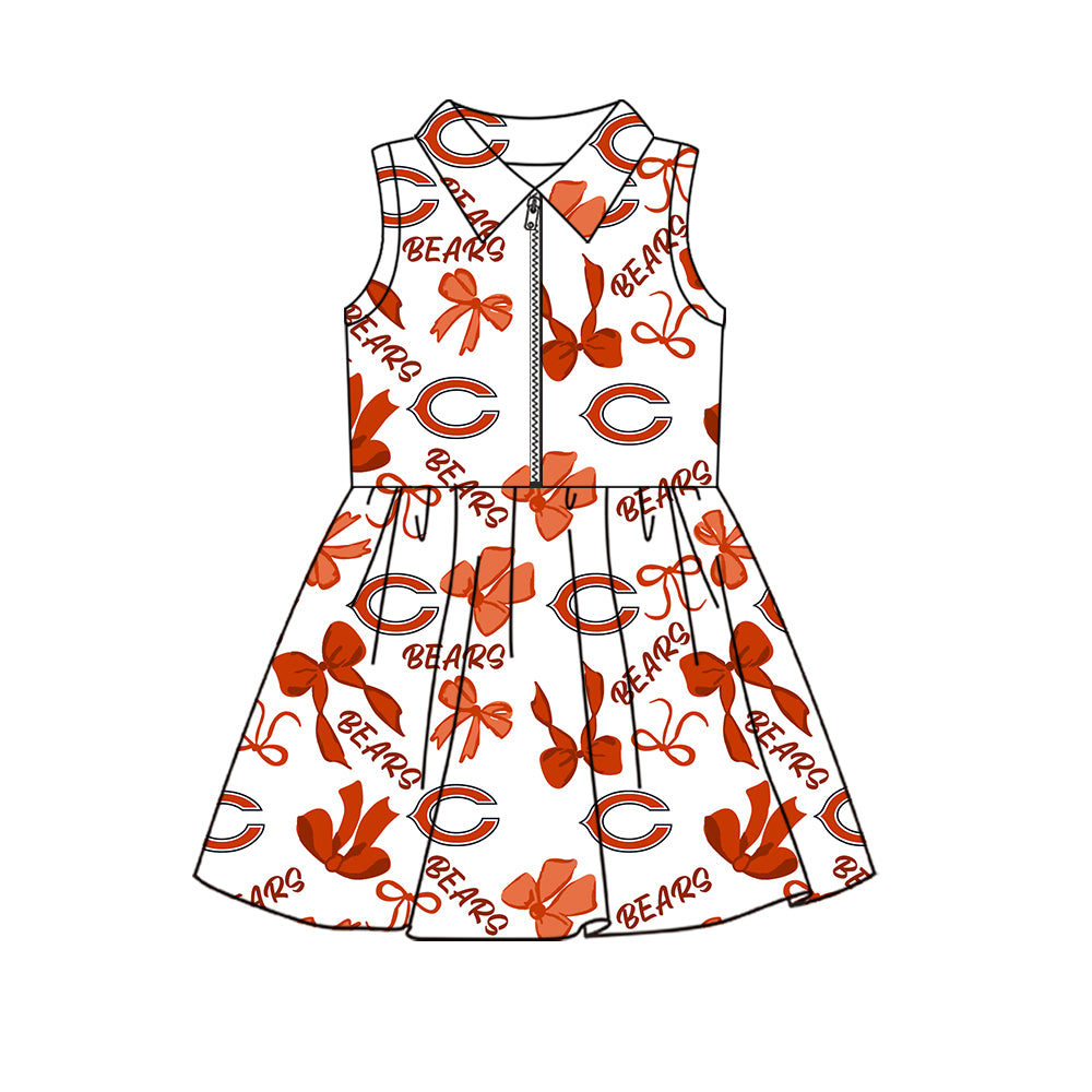 Preorder (moq 5)Baby Girls Sleeveless Bows Bears Team Zip Short Knee Length Dress