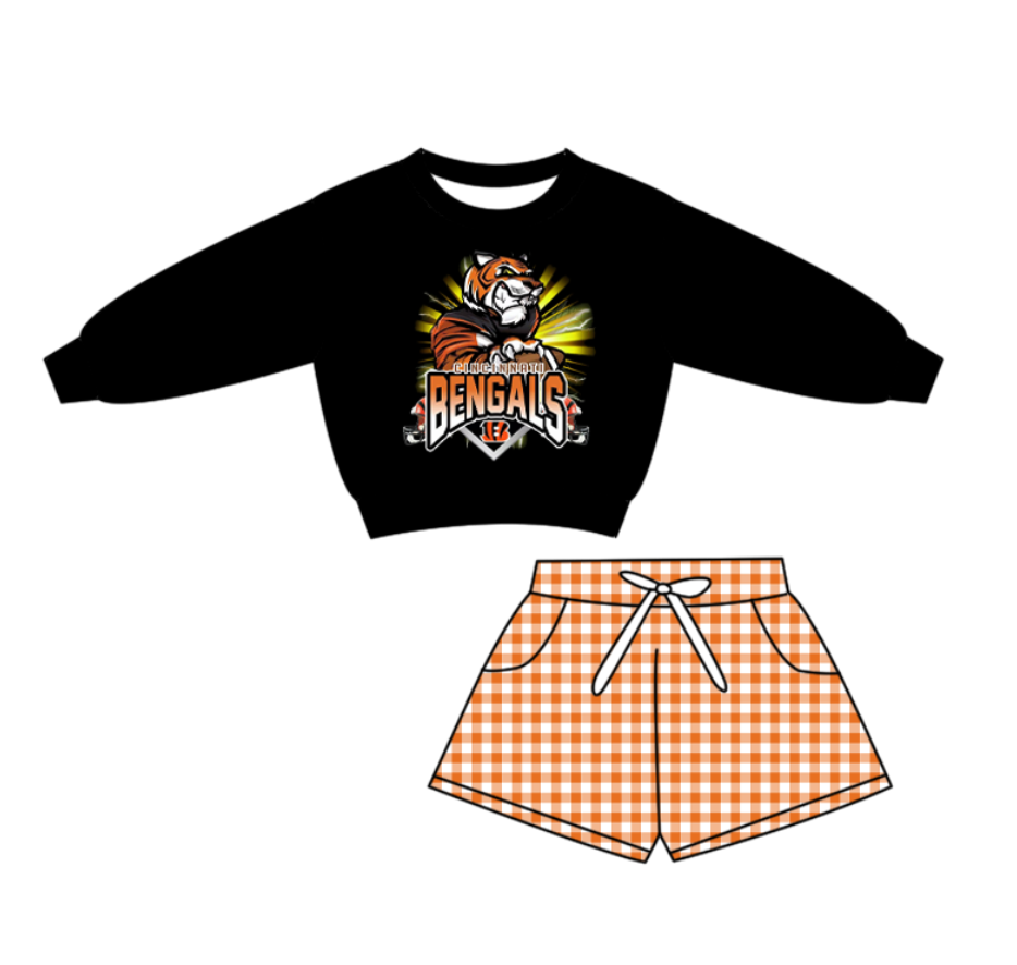 Preorder(moq 5) Baby Boys Bengals Tigers Orange Checked Pockets Shorts Team Clothes Sets