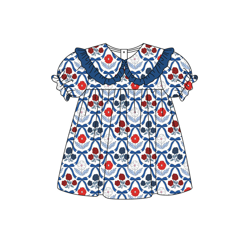 Preorder moq 5 Baby Girls Bows Flowers Collar Knee Length Dresses