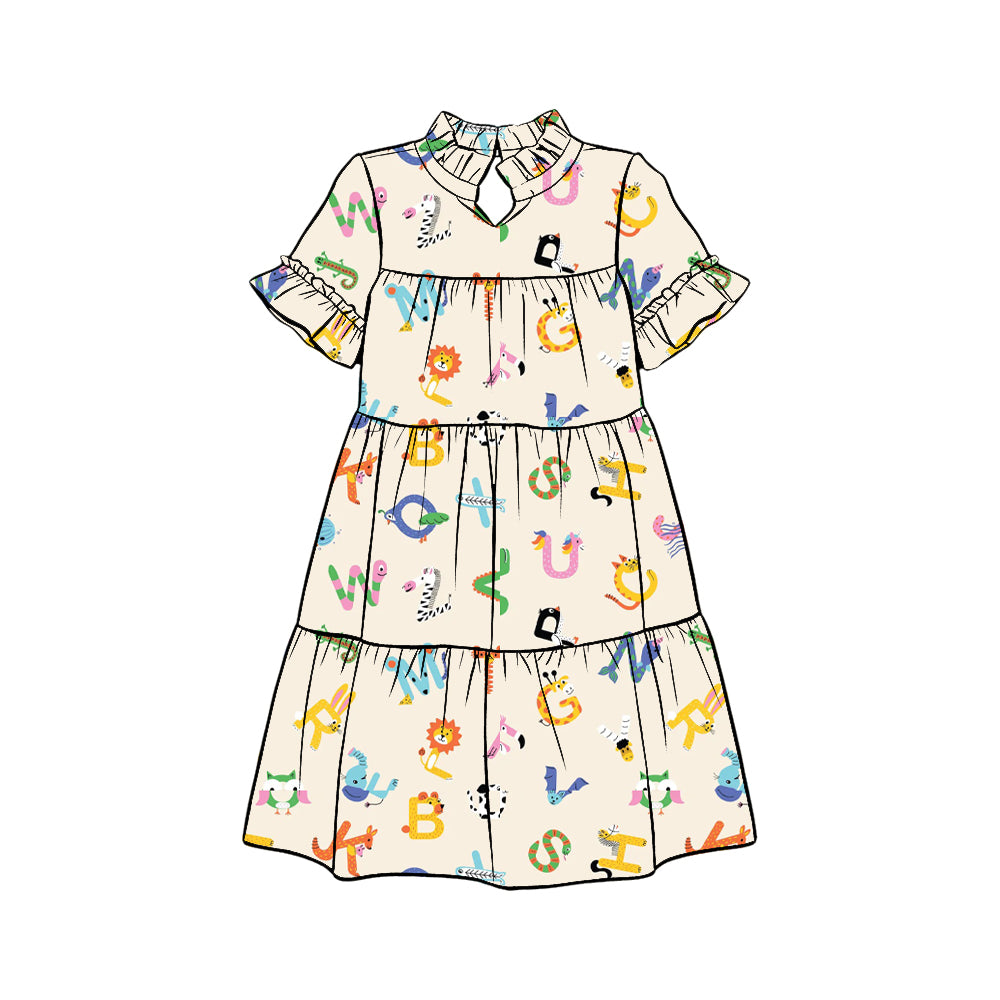 Preorder (moq 5)Baby Girls Animals ABC Back to School Patchwork Knee Length Dresses
