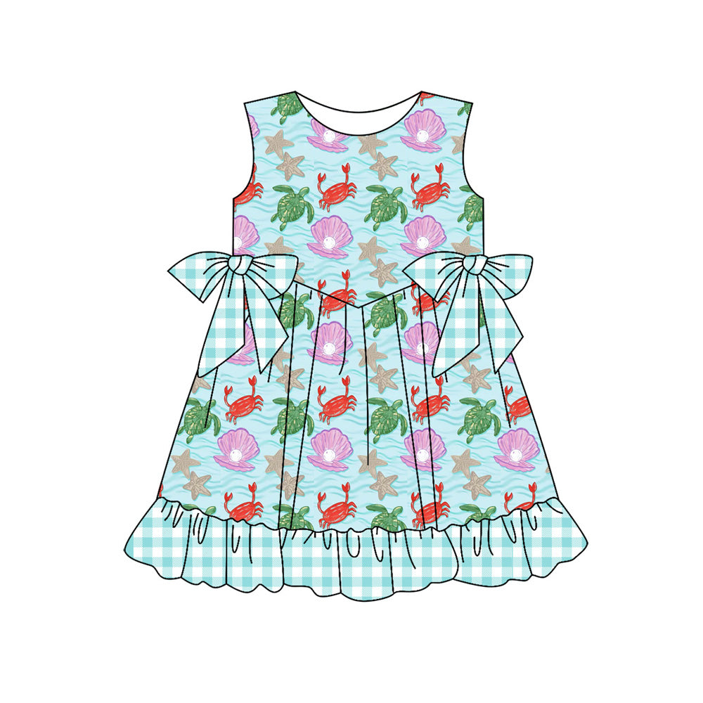Preorder (moq 5)Baby Girls Sleeveless Sea World Bows Ruffle Knee Length Dress