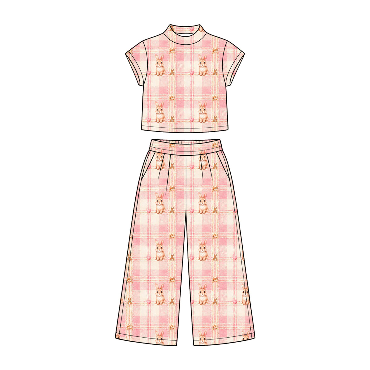 Preorder (moq 5) Baby Girl Clothes Heart Bunny Pink Plaid Print Short Sleeve Wide Leg Pant Set