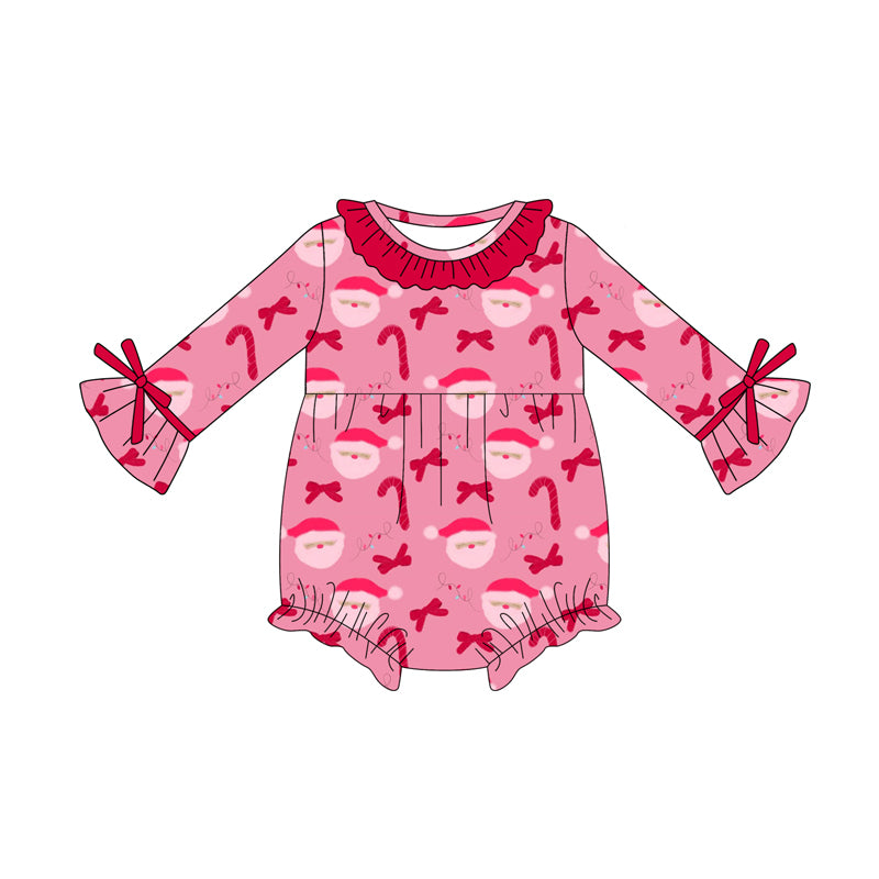 Preorder (moq 5)Baby Girls Hot Pink Long Sleeves Candy Cane Santa Ruffle Rompers