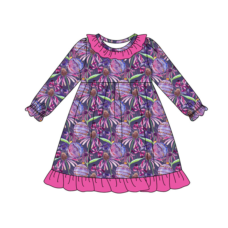 Preorder (moq 5)Baby Girls Hot Pink Flowers Bows Halloween Ruffle Knee Length Dresses