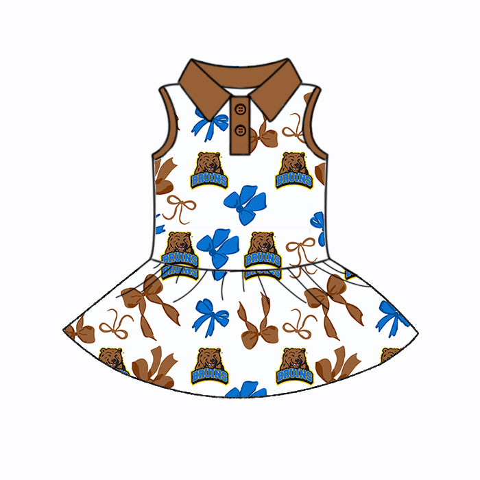 Preorder (moq 5)Baby Girls Brown Sleeveless Bows Plaid Bruins Button Team Knee Length Dresses