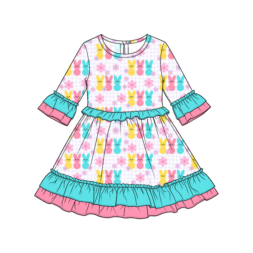 Preorder moq5 Girls’ Easter Bunny Floral Dress, Colorful Rabbit Print Ruffle-Trim Dress, Cute Spring Holiday Outfit