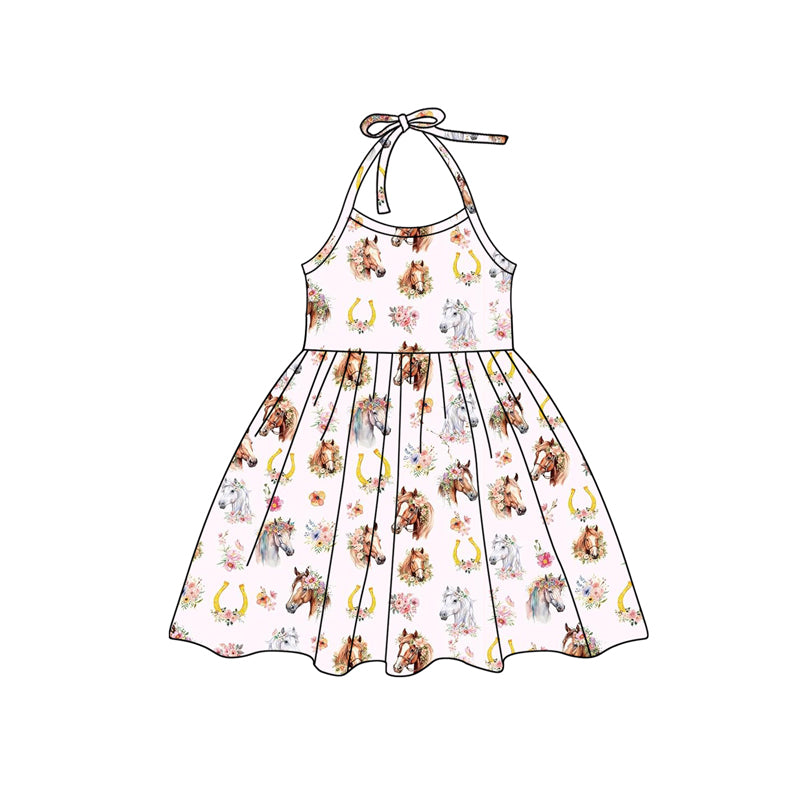 Preorder (moq 5)Baby Girls Pink Strap Horse Floral Knee Length Dresses