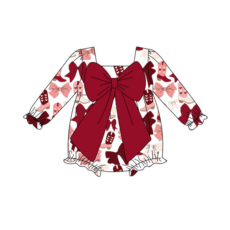 Preorder (moq 5)Baby Girls Pink Red Bows Heart Boots Ruffle Rompers