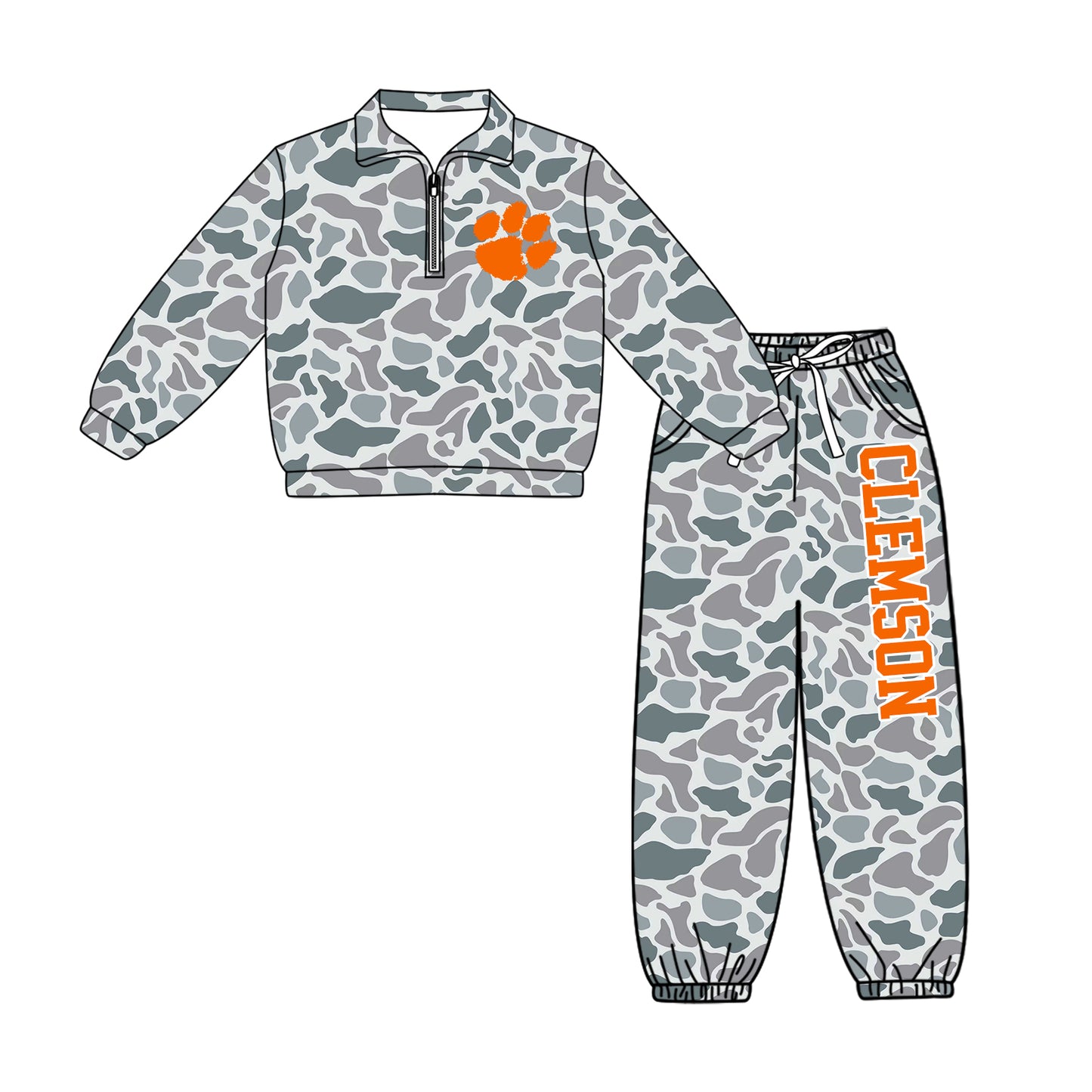 Preorder(moq 5)Baby Boys Grey Camo Clemson Zip Pullover Pockets Joggers Team Clothes Sets