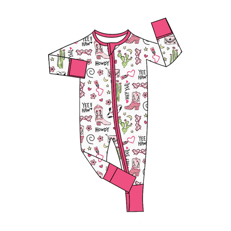 Preorder (moq 5)Baby Girls Howdy Boots Hearts Western Zipper Footie Rompers