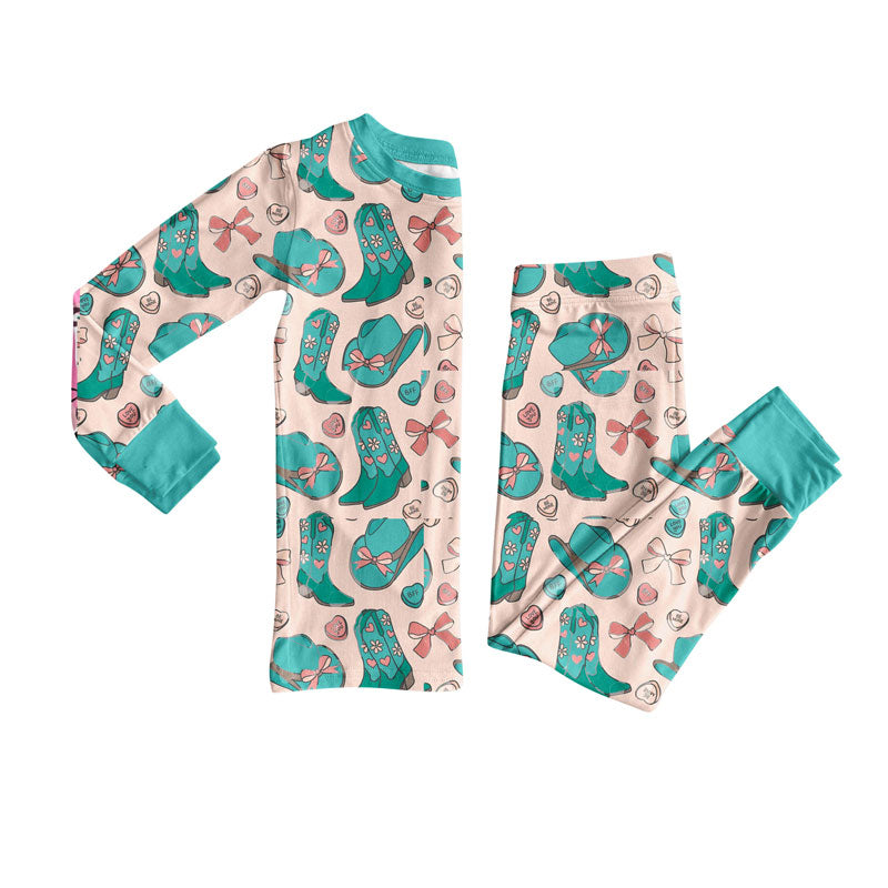 Preorder(moq 8)Baby Girls Boots Hats Hearts Plaid Top Pants Western Pajamas Set