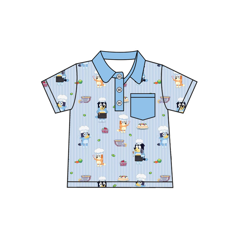 Preorder (moq 5)Baby Boys Blue Stripe Short Sleeves Button Pocket Cartoon Dogs Polo Shirts Top