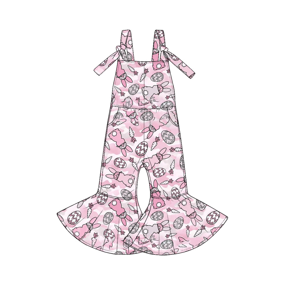 Pre-order(moq5) Cute Girls Easter Sleeveless Tie Strap Flared Jumpsuit with Pockets