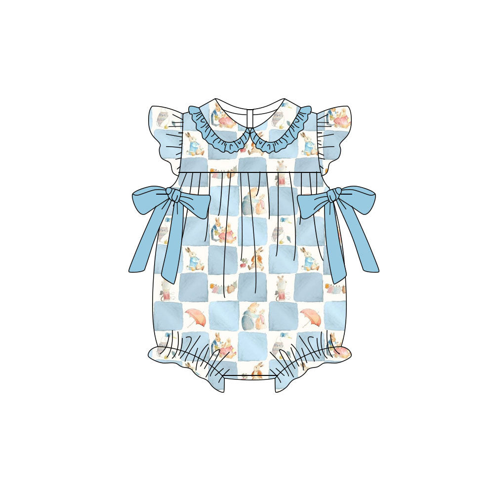 Preorder (moq 5)Baby Girls Flutter Sleeve Blue Checked Rabbits Bows Easter Ruffle Collar Rompers