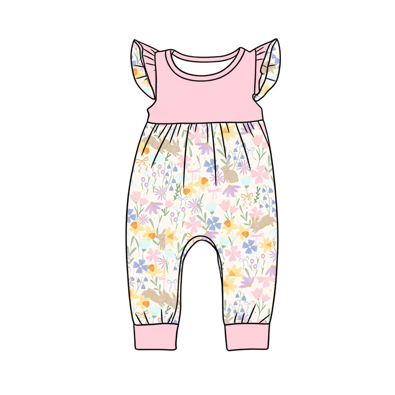 Preorder (moq 5)Baby Girls Flutter Sleeve Colorful Flowers Rabbits Easter Pant Rompers