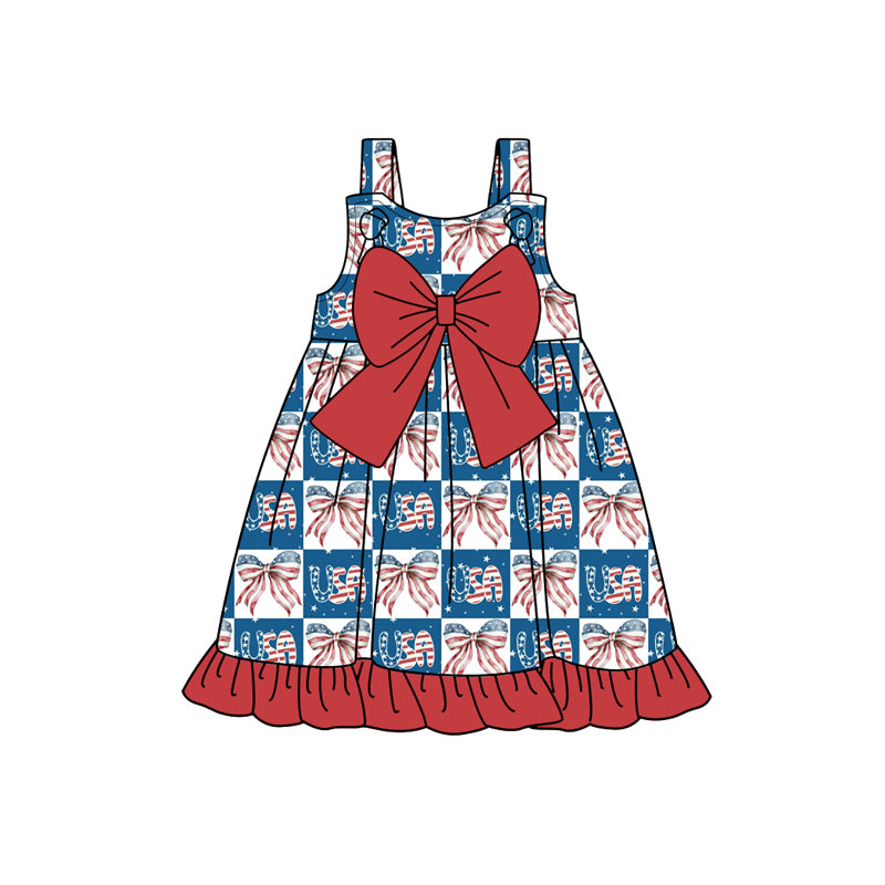 Preorder moq 5 Baby Girls Strap Blue Red Bows USA 4th Of July Knee Length Dresses