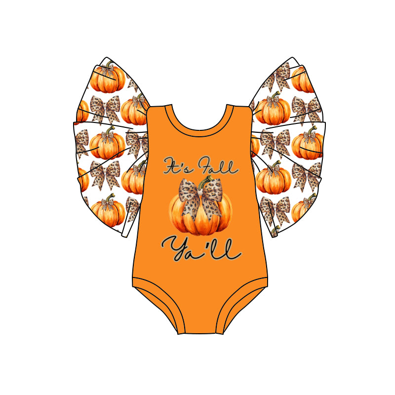 Preorder (moq 5)Baby Girls Bell Sleeve Leopard Bow Pumpkins Fall Ruffle Rompers