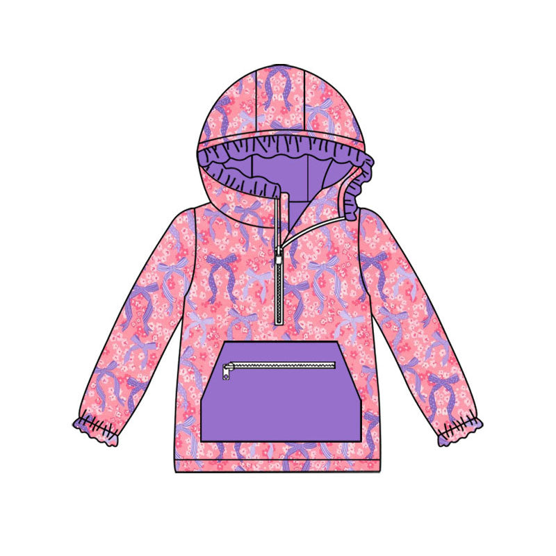 Preorder (moq 5)Baby Girls Colorful Bows Flowers Zip Pocket Ruffle Hoodies Top
