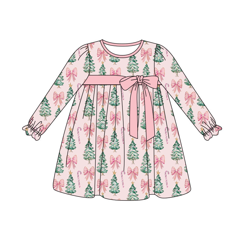 Preorder (moq 5)Baby Girls Pink Long Ruffle Sleeves Trees Bows Plaid Knee Length Dresses