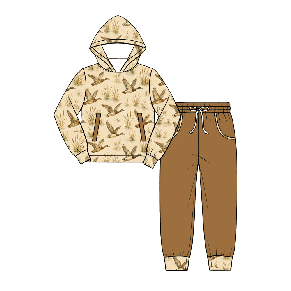 Preorder (moq 5) Baby Boy Clothes Khaki Flying Mallard Duck Allover Print Long Sleeve Hoodie Jogger Pant Set