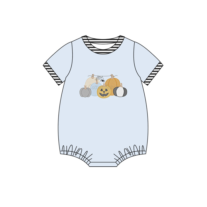 Preorder (moq 5)Baby Boys Blue Short Sleeves Ghost Pumpkins Bummies Rompers
