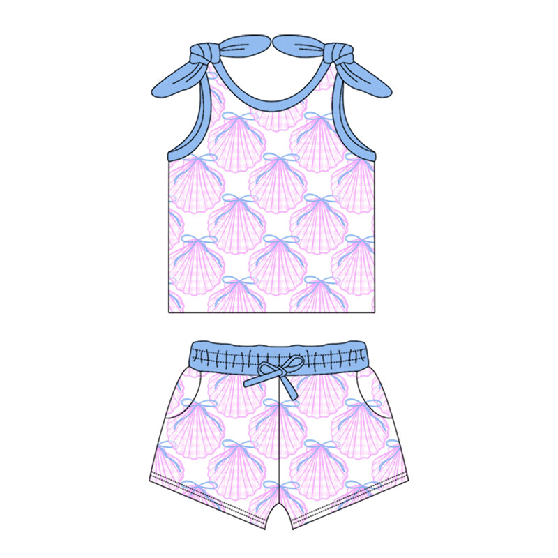 Preorder (moq 5)Baby Girls Purple Shell Scale Shirt Top Shorts Clothes Sets