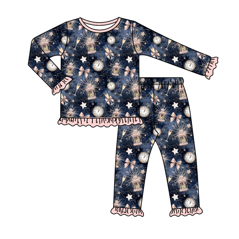 Preorder (moq 5)Baby Girls Long Ruffle Sleeves Hot Blue Key Stars Top Pants Pajamas Set
