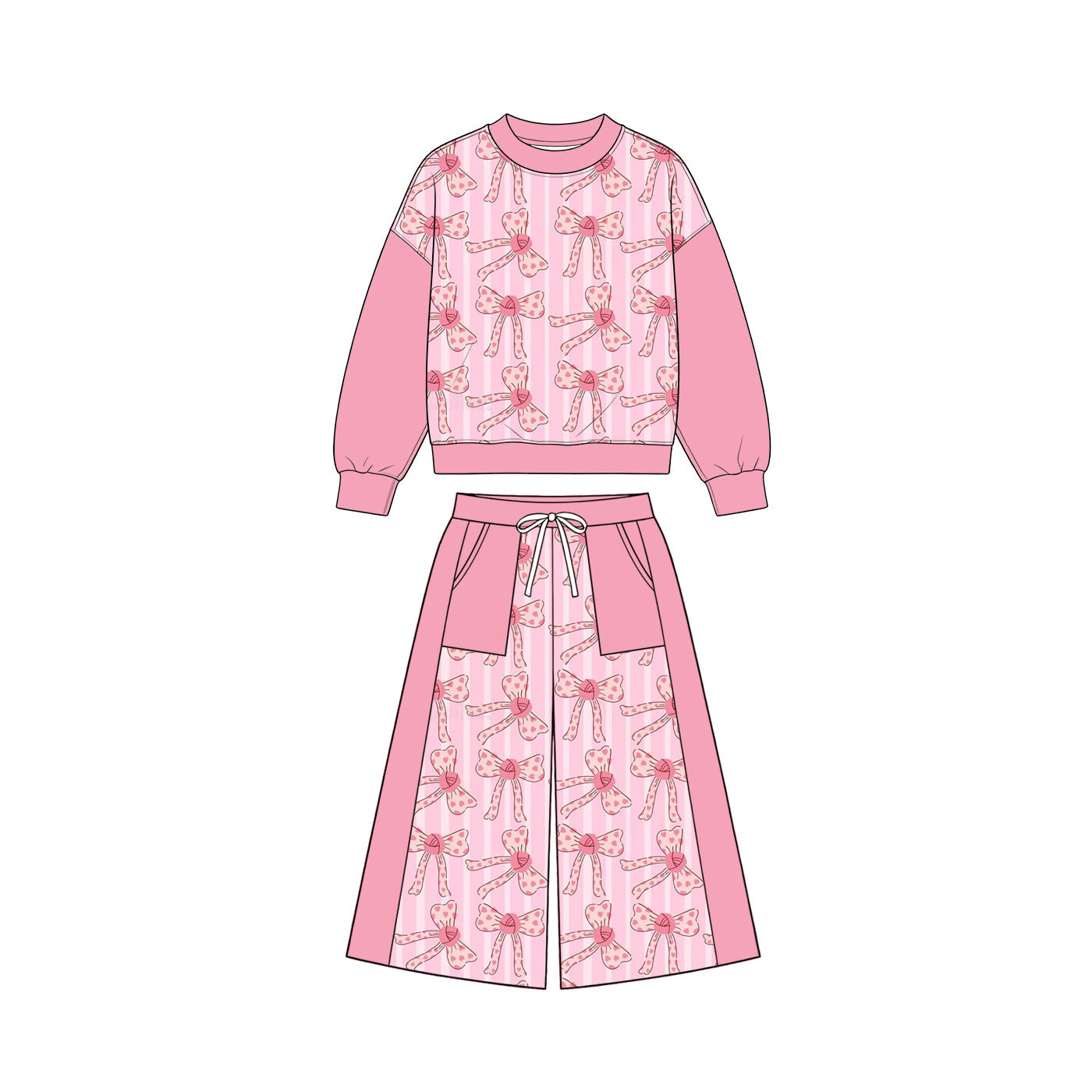 Pre-order(moq5)Girls’ Fall Pink Heart Print Crew Neck Long Sleeve Bow Top & Wide-Leg Pants Set | Sisters’ Matching Outfits