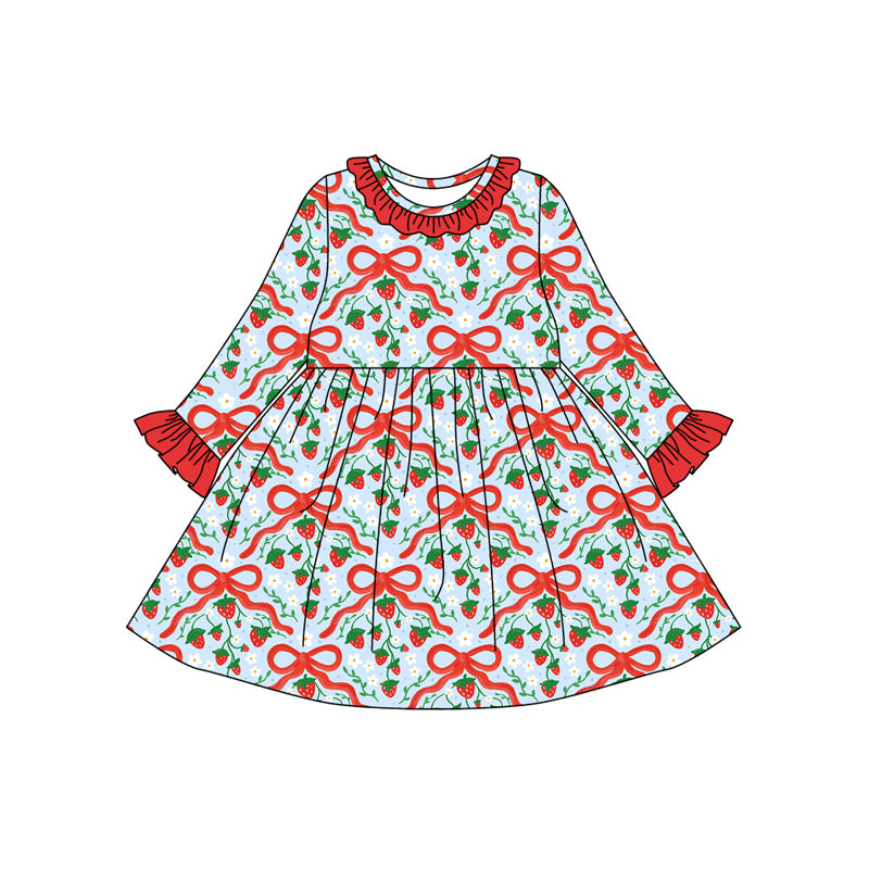 Preorder (moq 5)Baby Girls Red Bows Strawberry Plaid Ruffle Knee Length Dresses