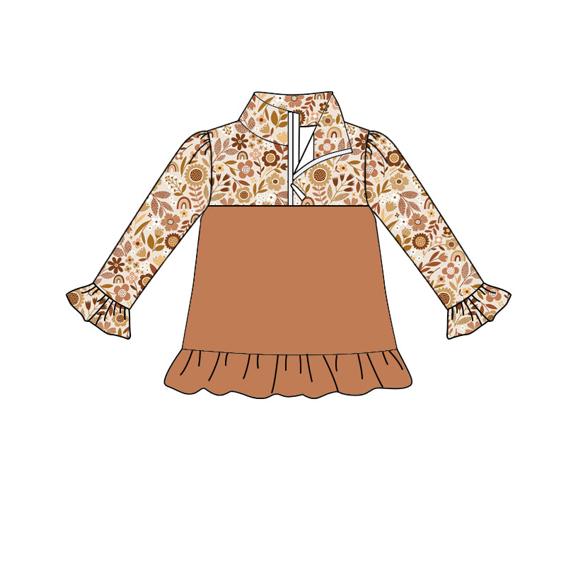 Preorder (moq 5)Baby Girls Brown Flowers Long Ruffle Sleeve Zip Pullovers Top