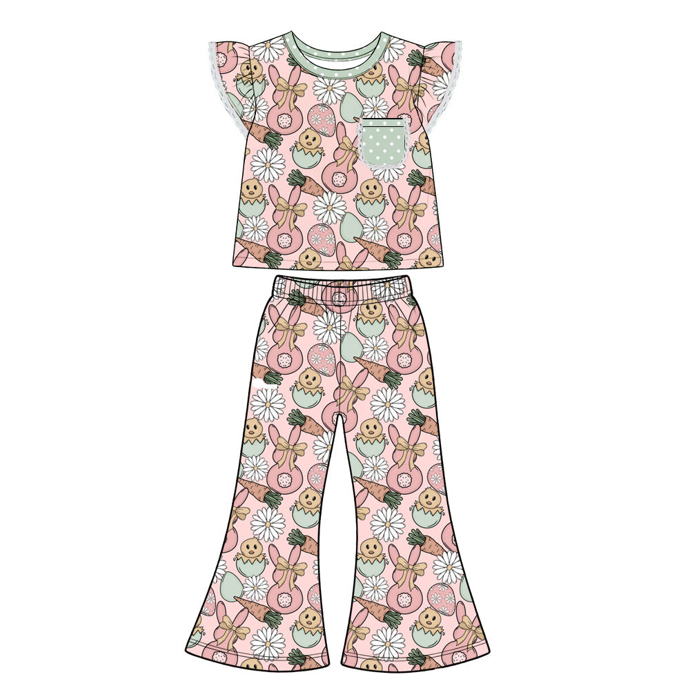 Preorder (moq 5) Baby Girl Clothes Easter Bunny Chick Daisy Mixed Print Flutter Sleeve Flare Pant Set
