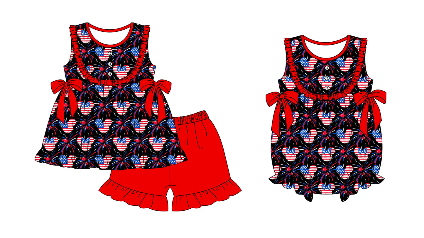 Preorder moq 5 Custom Baby Girls Cartoon Mouse Fireworks Tunic Red Ruffle Short Set Rompers