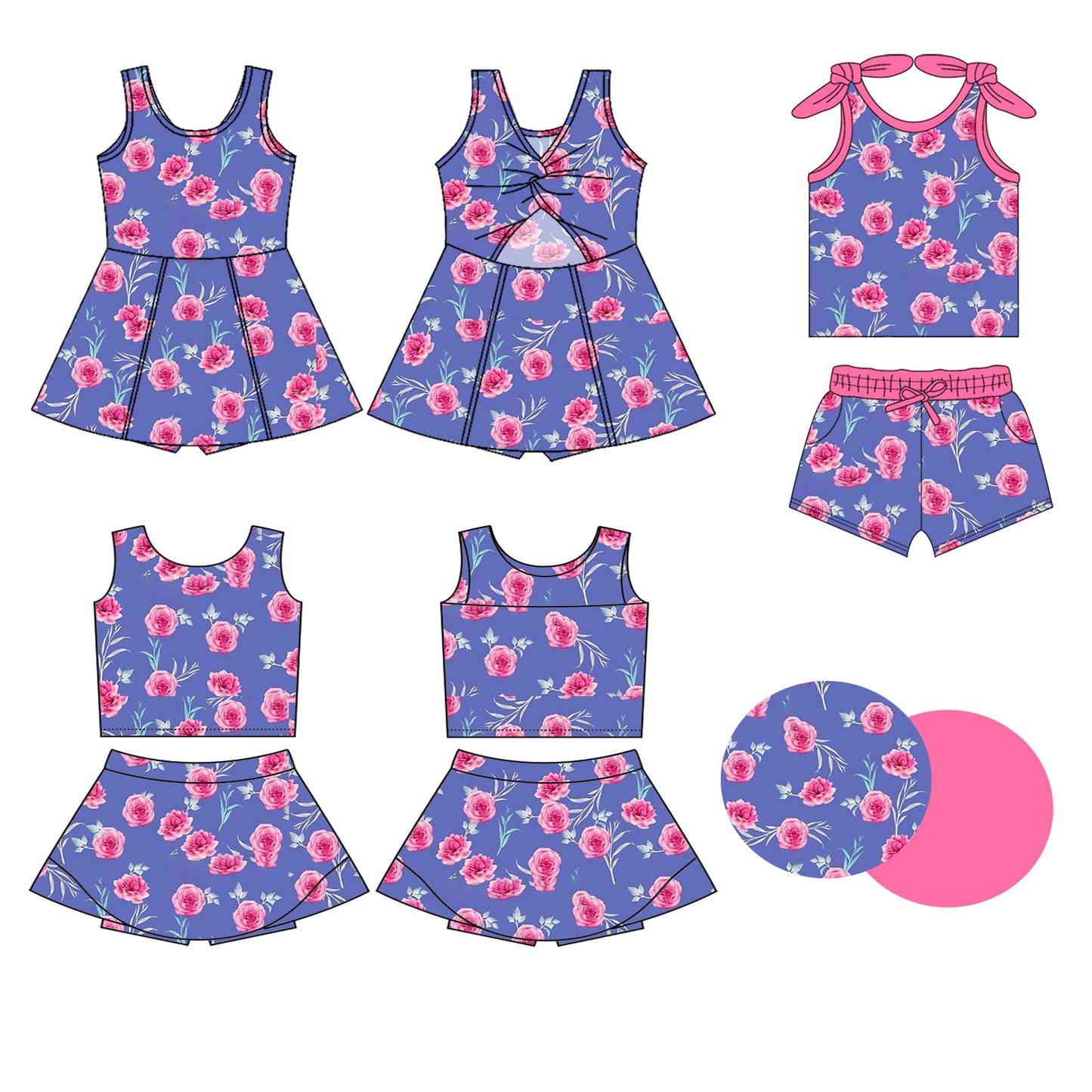 Preorder moq 5 Custom Baby Girls Purple Sleeveless Pink Flowers Bows Top Skort Set Knee Length Dress Pockets Short Set